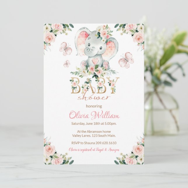 Invitation Baby shower Eléphant rose et or (Debout devant)
