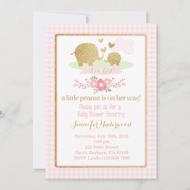 Invitation Baby shower Eléphant rose et or (Devant)