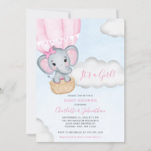 Invitation Baby shower Eléphant rose Fille