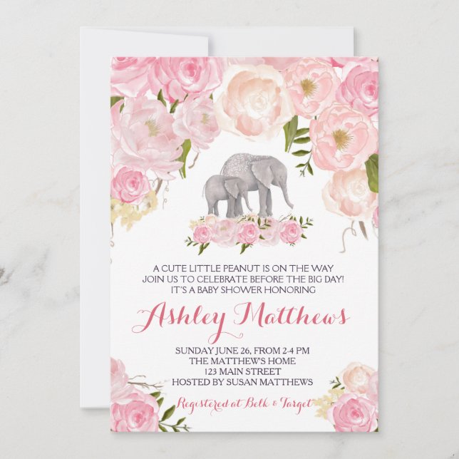 Invitation Baby shower éléphant, rose floral (Devant)