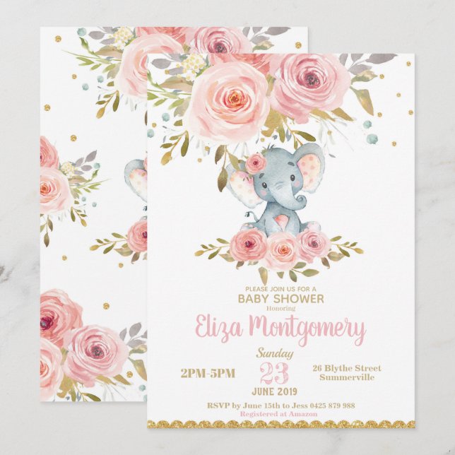 Invitation Baby shower éléphant Rose Floral Girl (Devant / Derrière)