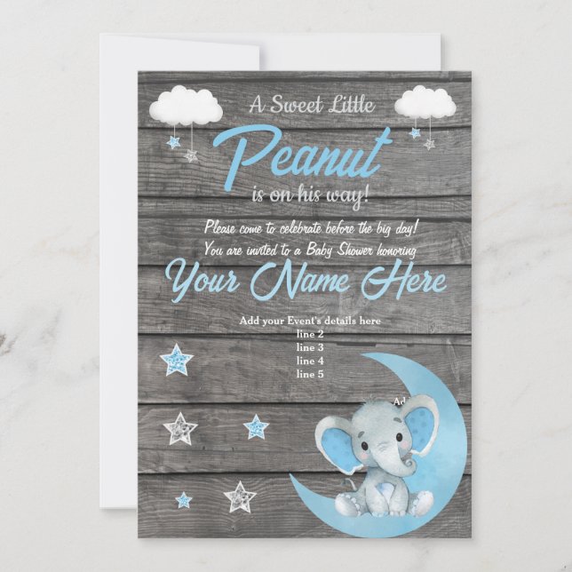 Invitation Baby shower éléphant, rustique, Bleu (Devant)