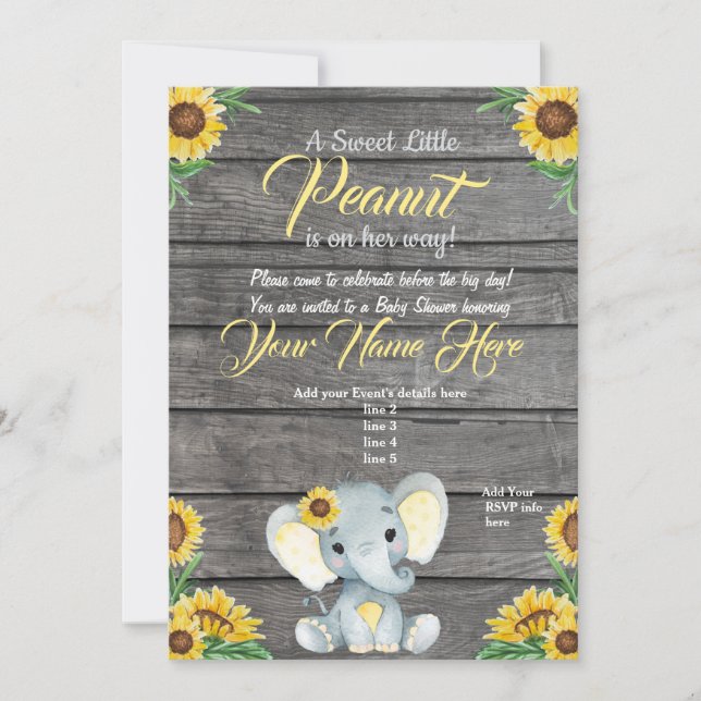 Invitation Baby shower éléphant, rustique, Jaune (Devant)