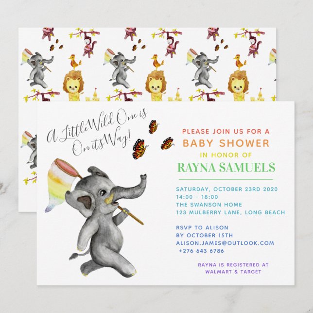 Invitation Baby shower éléphant Safari neutre genre mignon (Devant / Derrière)