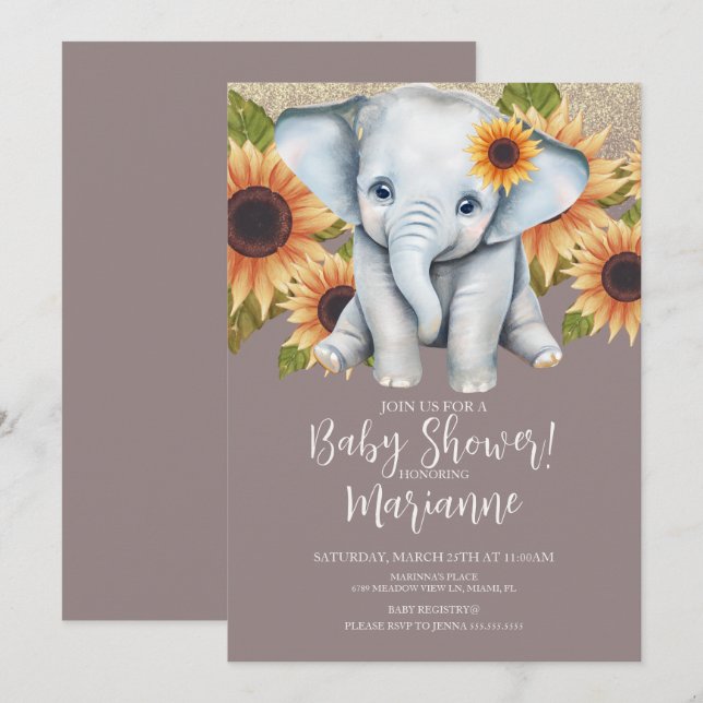 Invitation Baby shower éléphant Tournesol Parties scintillant (Devant / Derrière)