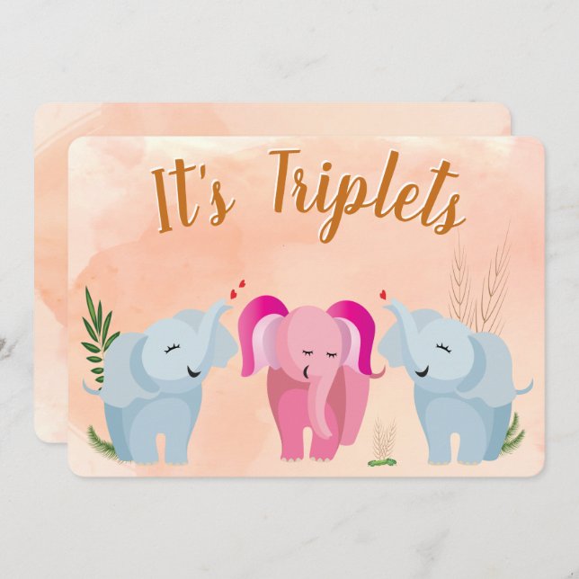 Invitation Baby shower Eléphant Triplet (Devant / Derrière)