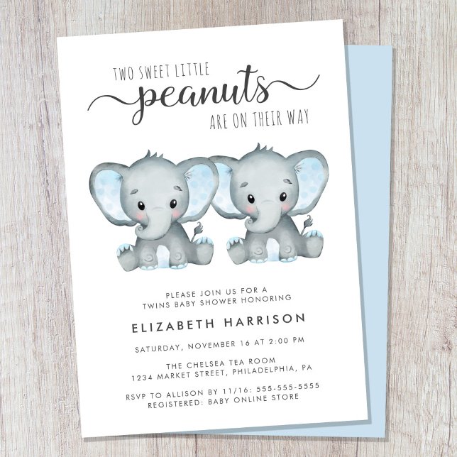 Invitation Baby shower Elephant Twin Boys (Cute twin boys baby shower invitation)