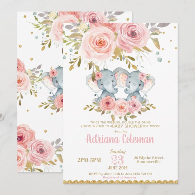 Invitation Baby shower Eléphant Twin Girls Floral (Devant / Derrière)