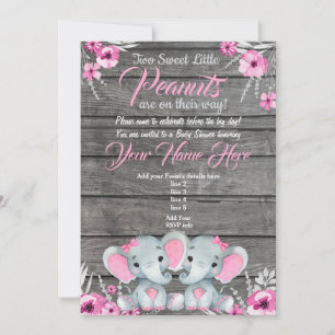 Invitation Baby shower Eléphant Twin, rustique, ro