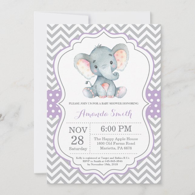 Invitation Baby shower éléphant violet et gris (Devant)