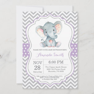 Invitation Baby shower éléphant violet et gris