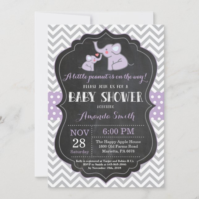 Invitation Baby shower éléphant violet et gris (Devant)