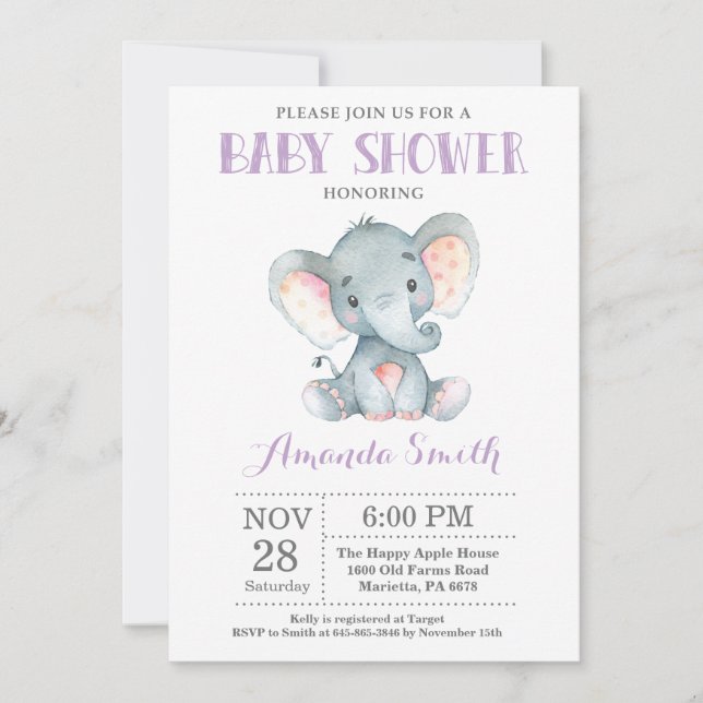 Invitation Baby shower éléphant violet et gris (Devant)
