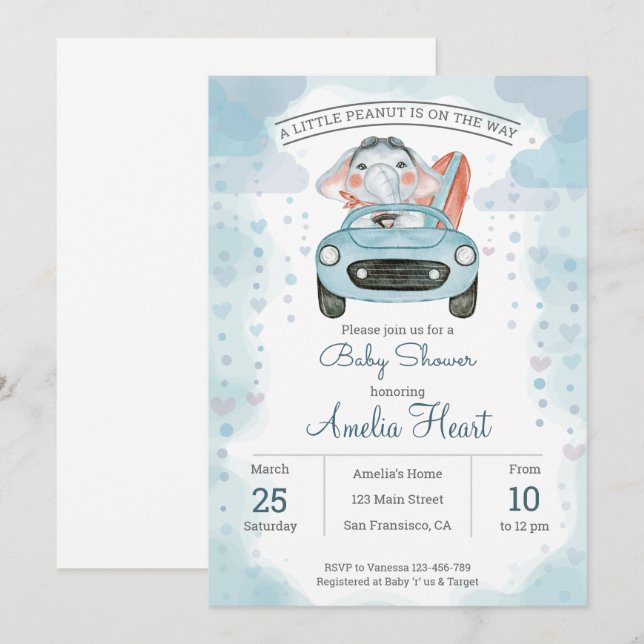Invitation Baby Shower éléphant voiture aquarelle  (Devant / Derrière)