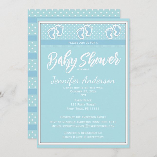 Invitation Baby shower Empreinte bébé bleu garçon (Devant / Derrière)