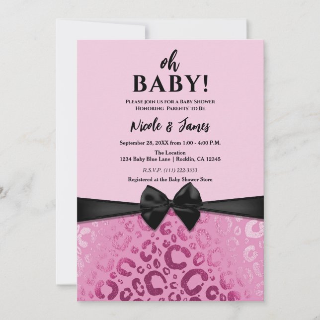 Invitation Baby shower Empreinte de léopard en verre rose fon (Devant)