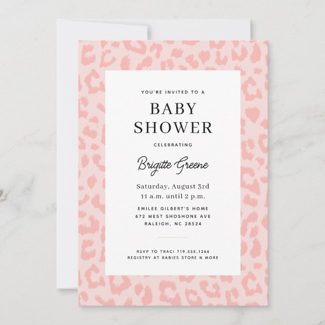 Invitation Baby shower Empreinte de léopard rose (Devant)