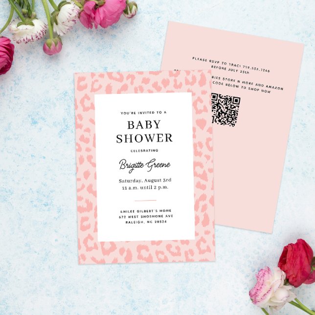 Invitation Baby shower Empreinte de léopard rose (soft pink leopard print framed modern girly baby shower)
