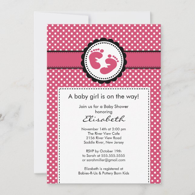Invitation Baby shower Empreinte Pois roses (Devant)