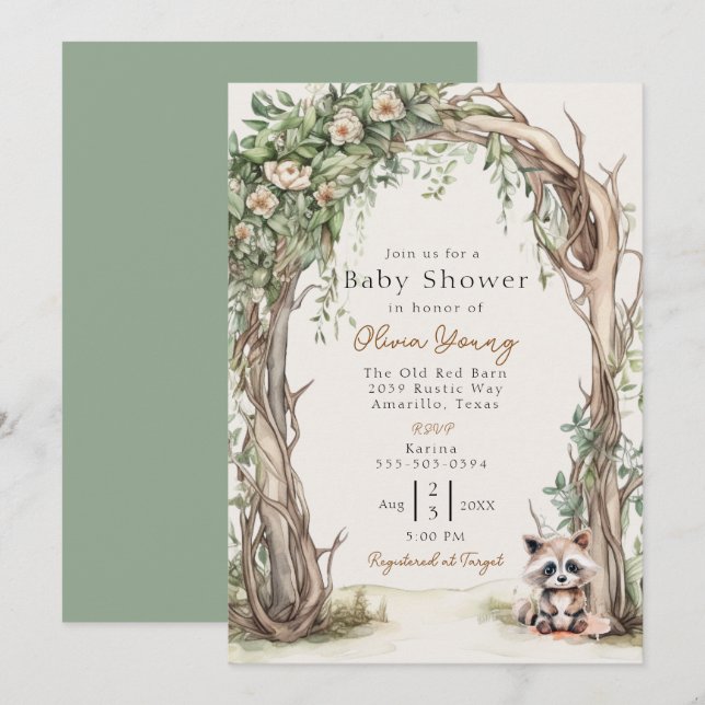 Invitation Baby shower en arche en bois rustique (Devant / Derrière)