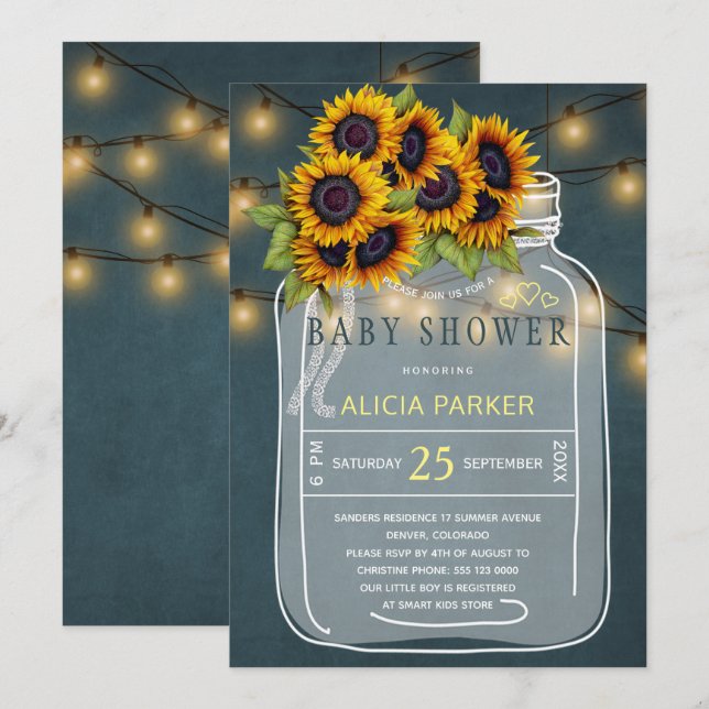 Invitation Baby shower en bocal de tournesol jaune vif (Devant / Derrière)