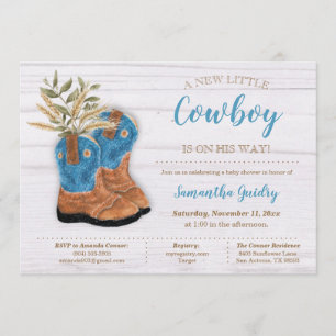 Invitation Baby shower en bois blanc Little Cowboy Bootie