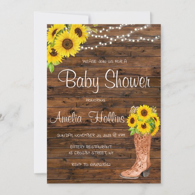 Invitation Baby shower en bois Brown Cowboy Bootie (Devant)
