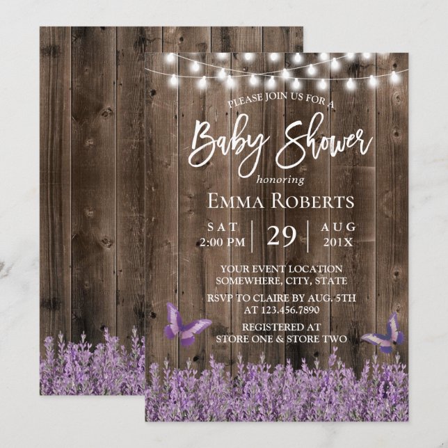 Invitation Baby shower en bois foncé de lavande rustique (Devant / Derrière)