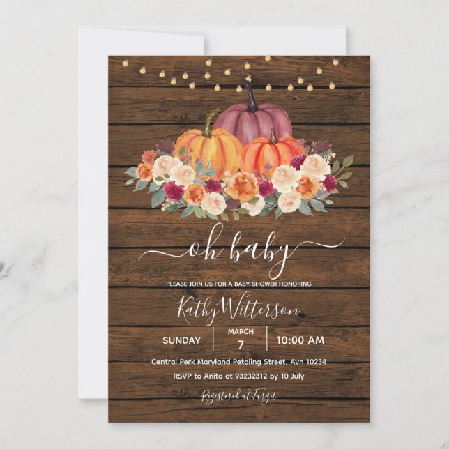 Invitation Baby shower en bois rustique Citrouille orange brû (Devant)