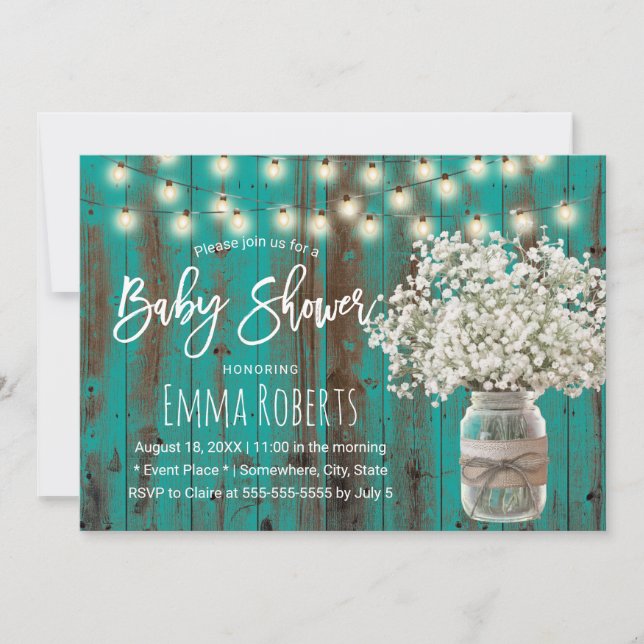 Invitation Baby shower en bois Turquoise rustique pour bébé (Devant)