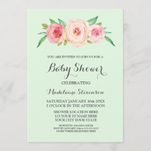 Invitation Baby shower en bois vert à la menthe florale rose