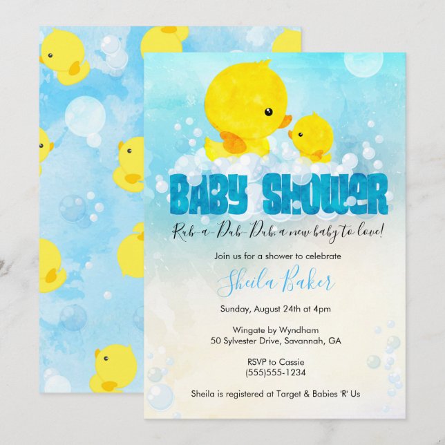 Invitation Baby shower en caoutchouc | Bain de Duc (Devant / Derrière)