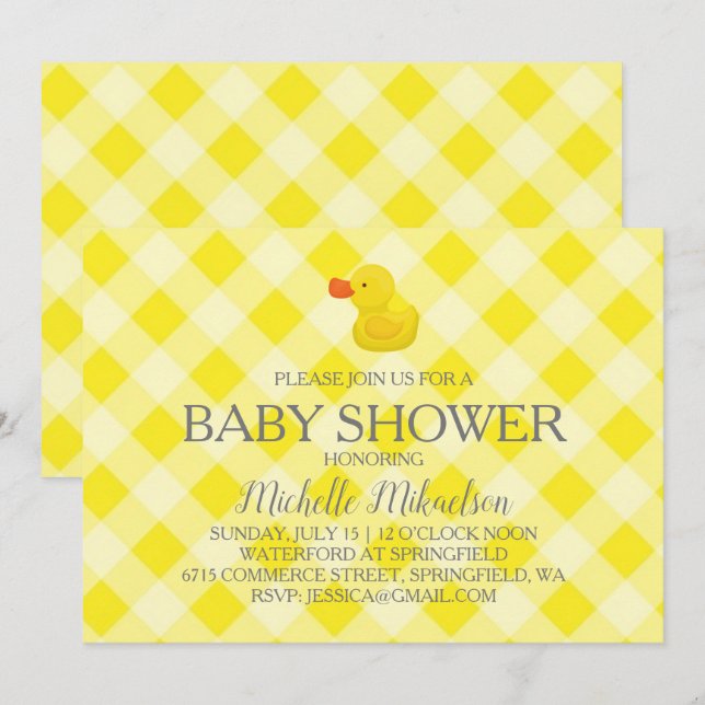 Invitation Baby shower en caoutchouc En vichy jaune (Devant / Derrière)