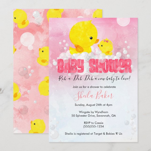Invitation Baby shower en caoutchouc | Girl Duckie (Devant / Derrière)