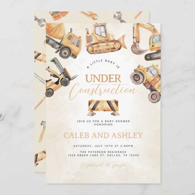 Invitation Baby shower en construction (Devant / Derrière)
