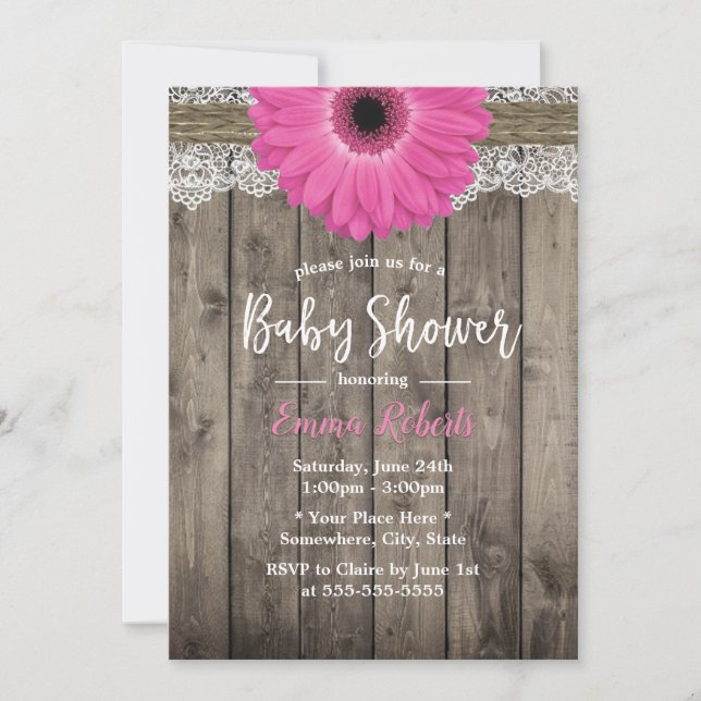 Invitation Baby shower en dentelle blanche florale rose rusti (Devant)