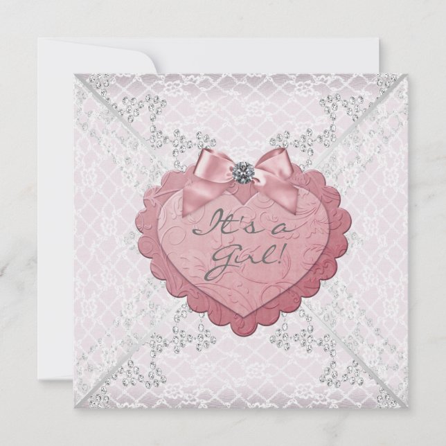 Invitation Baby shower en dentelle blanche rose Coeur (Devant)