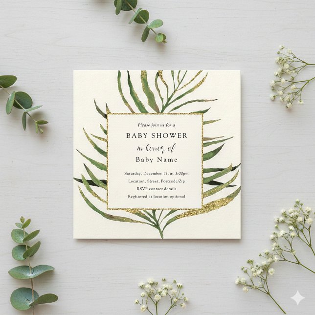 Invitation Baby shower en feuille de palme d'or (Gold palm leaf baby shower invitation.)