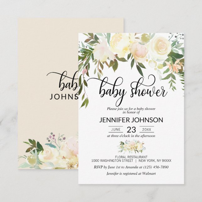 Invitation Baby shower en ivoire de crème rose florale (Devant / Derrière)