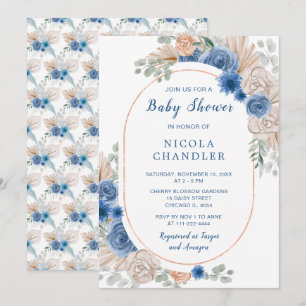 Invitation Baby shower en laiton Boho bleu Pampas