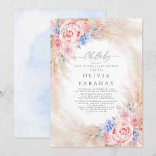 Invitation Baby shower en laiton Pampas bleu foncé