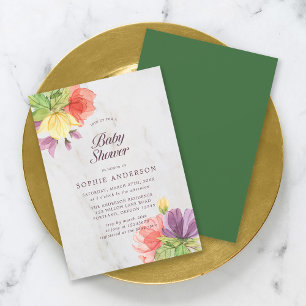 Invitation Baby shower en marbre aux fleurs vives
