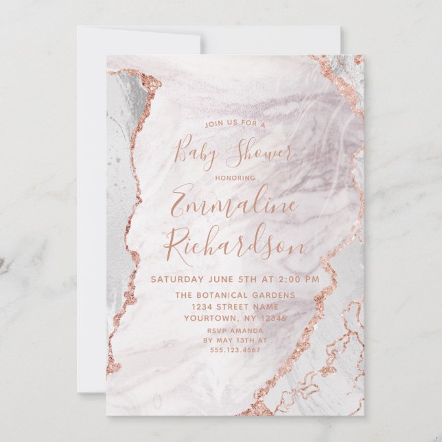 Invitation Baby shower en marbre blanc et Rose Gold Agate (Devant)
