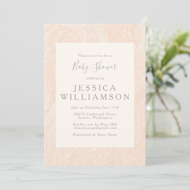 Invitation Baby shower En Marbre Clair Simple Boho Peach (Debout devant)