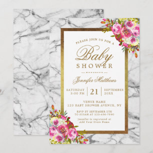 Invitation Baby shower en marbre noir rose floral chic or