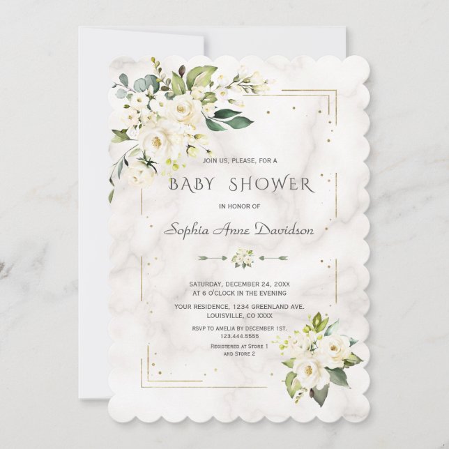 Invitation Baby shower en marbre Parties scintillant or Fleur (Devant)