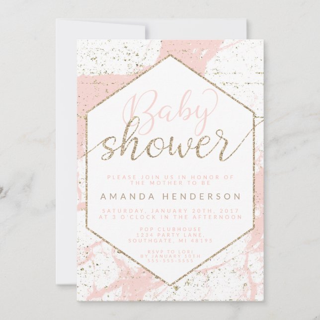 Invitation Baby shower en marbre rose et or (Devant)