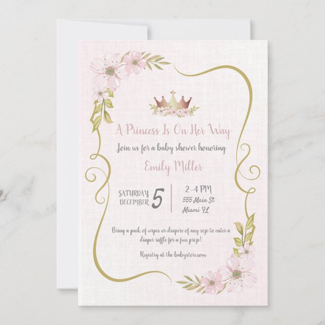 Invitation Baby shower en or rose Princesse (Devant)