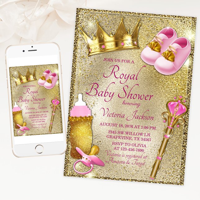 Invitation Baby shower en or rose princesse (Pink gold royal baby shower invitation with cute princess things on a beautiful gold background.)