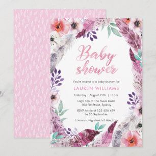 Invitation Baby shower en plumes de Boho rose